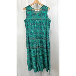 VERMONT Country Store Sleeveless Cotton Tiered Lounge Dress Midi Floral Green S